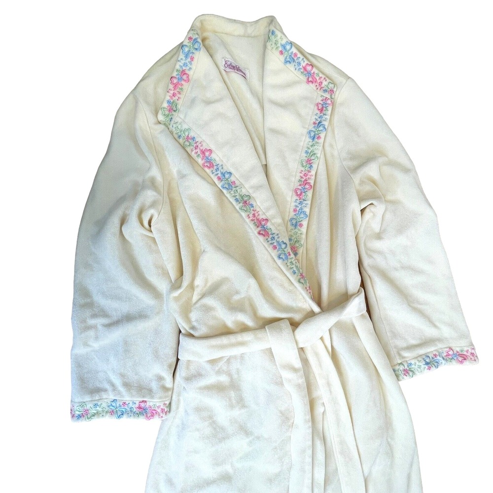 Vtg Evelyn Pearson Lounge Robe Women M Ivory Embroidered Trim Soft 44" Wide Back